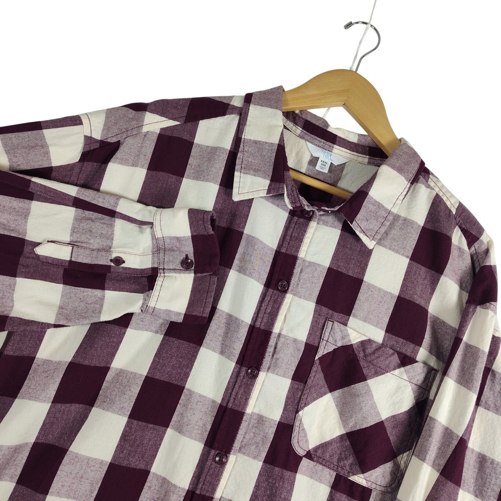 Time and Tru Women XXXL 22 Burgundy Cream Buffalo Plaid Cotton Flannel Shirt